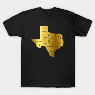 Texas Music notes and genres in a gold Texas State Map T-Shirt